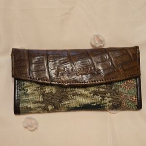 Danilos Of Honduras Brown Leather Green Cream Tan Tapestry Wallet New No Tags